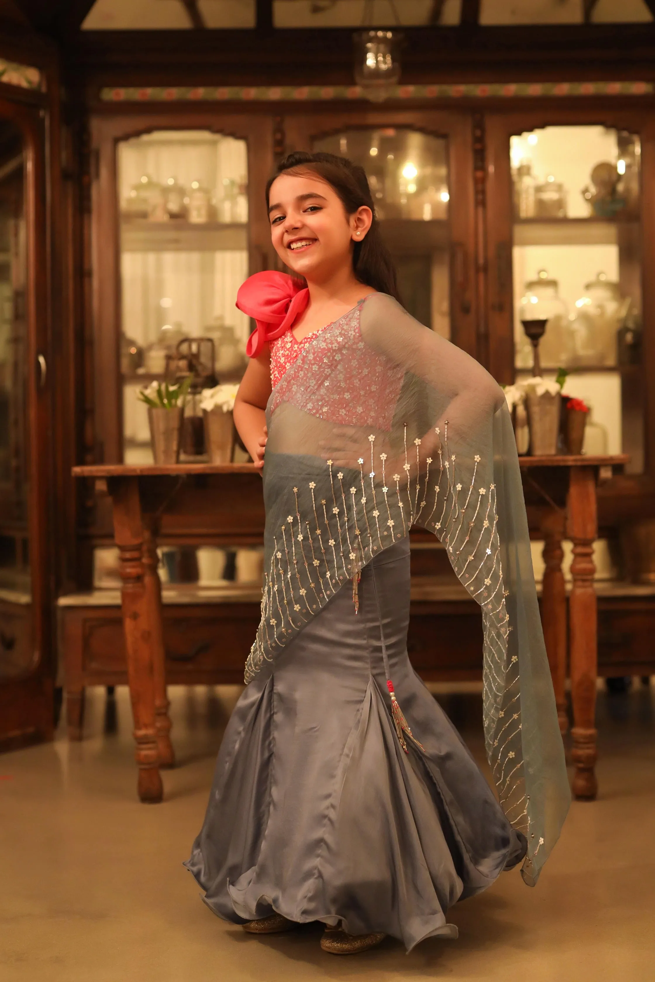 Masarrat- Embroidered Blouse & Silk Organza Draped Saree with Skirt For Girls