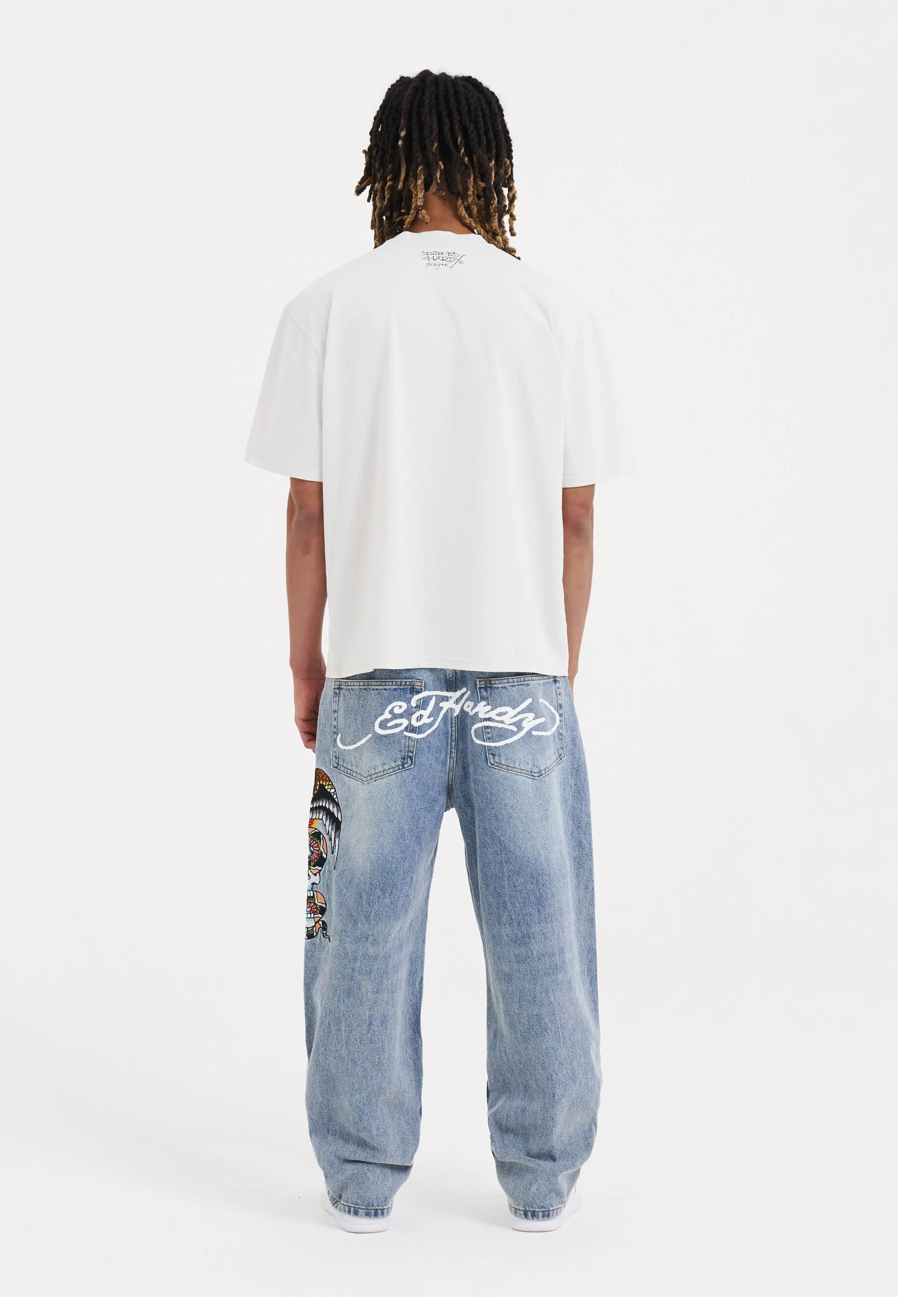 Mens Skull-Snake-Eagle Tattoo Graphic Denim Trousers Baggy Jeans - Bleach