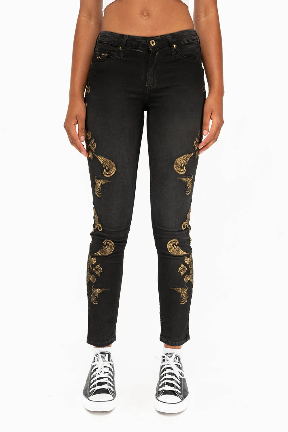 MID RISE WOMENS JEANS WITH GOLD EMBROIDERY IN LA BLACK