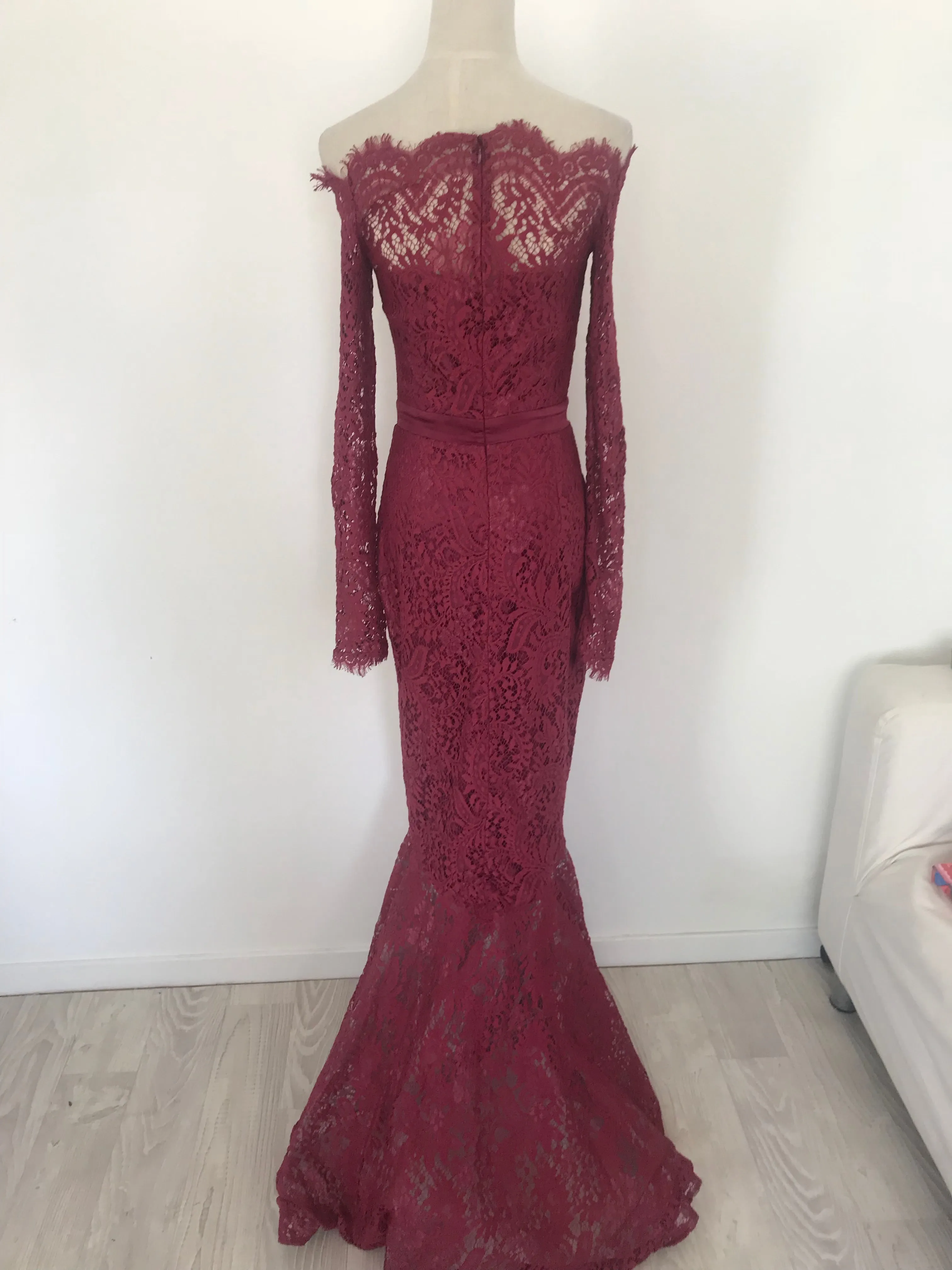 Off shoulder lace gown burgundy Small