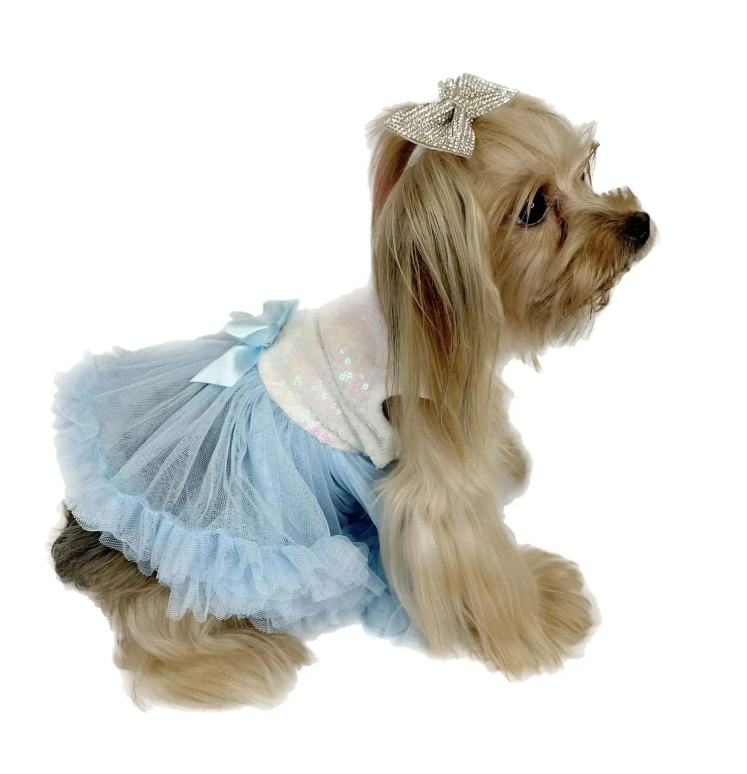 Pawpatu White and Blue Sequin Ruffle  Dress for Pets