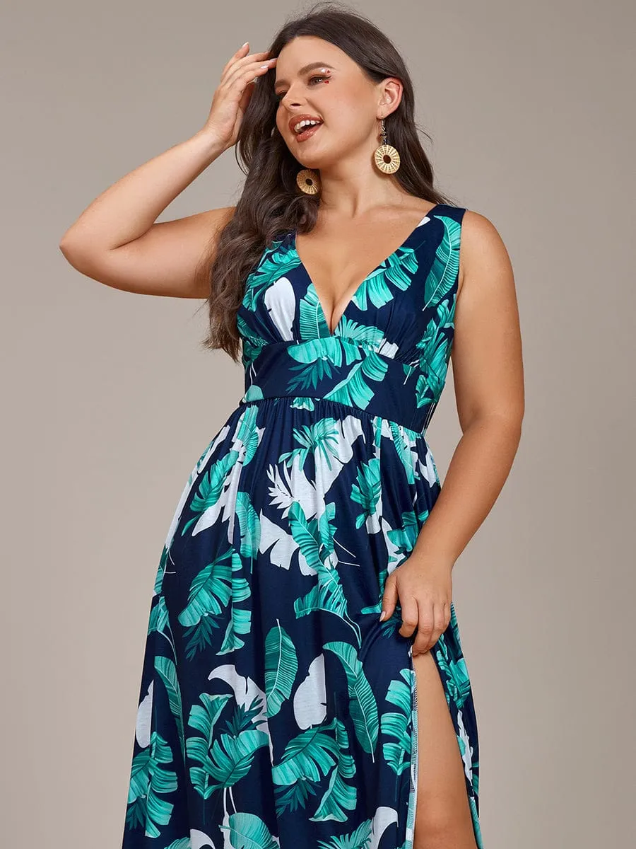 Plus Size Floral Sleeveless High-Slit Ankle Length Evening Dress