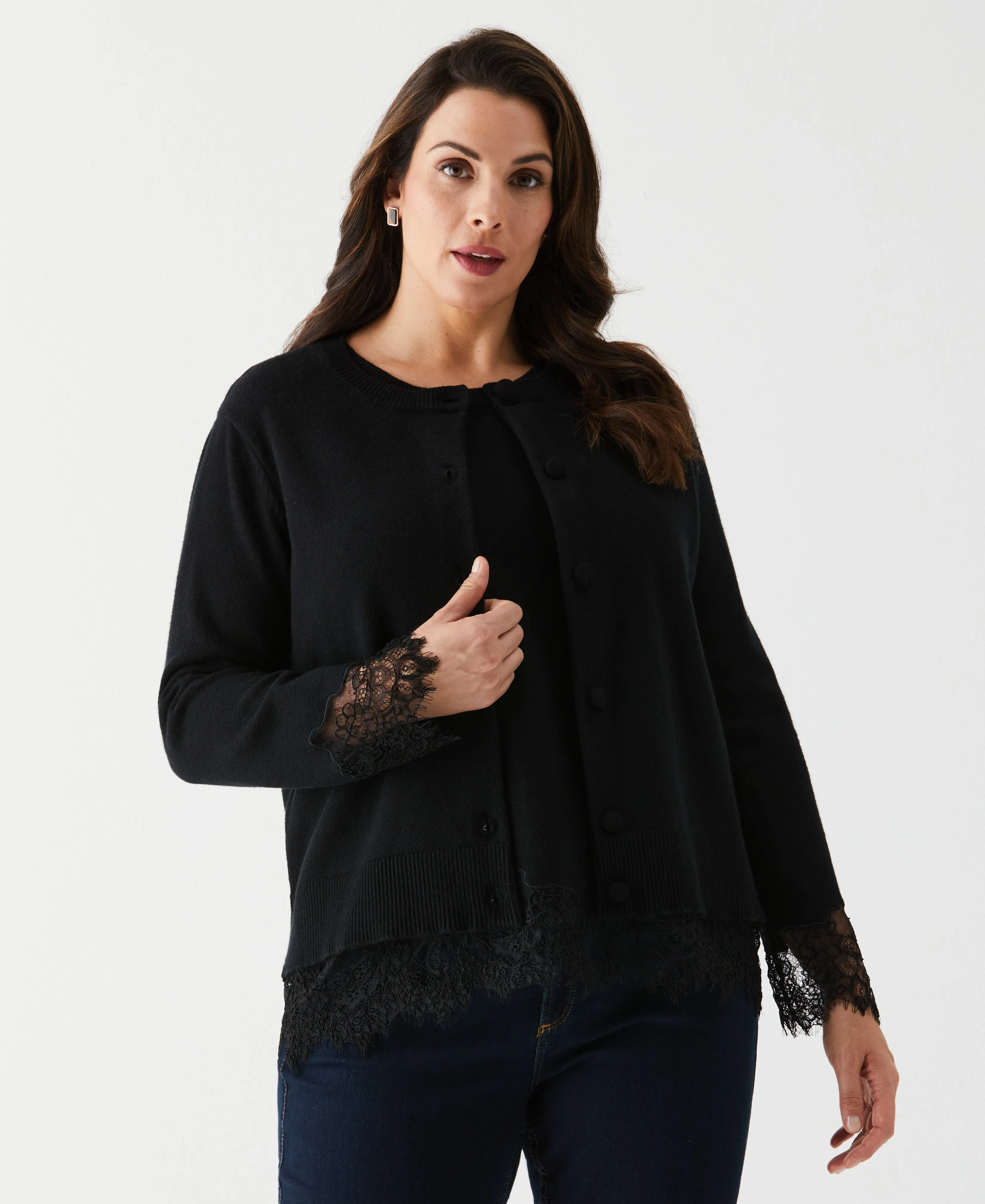 Plus Size Lace Trim Button Cardigan