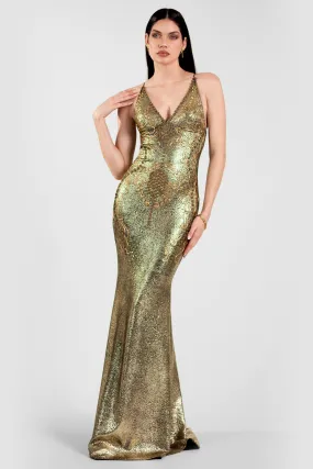 Praga Painted Long Dress Metallic Gold