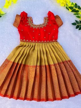 PRE ORDER : Ceremonial Charm: Kids’ Red Frock with Golden Detailing