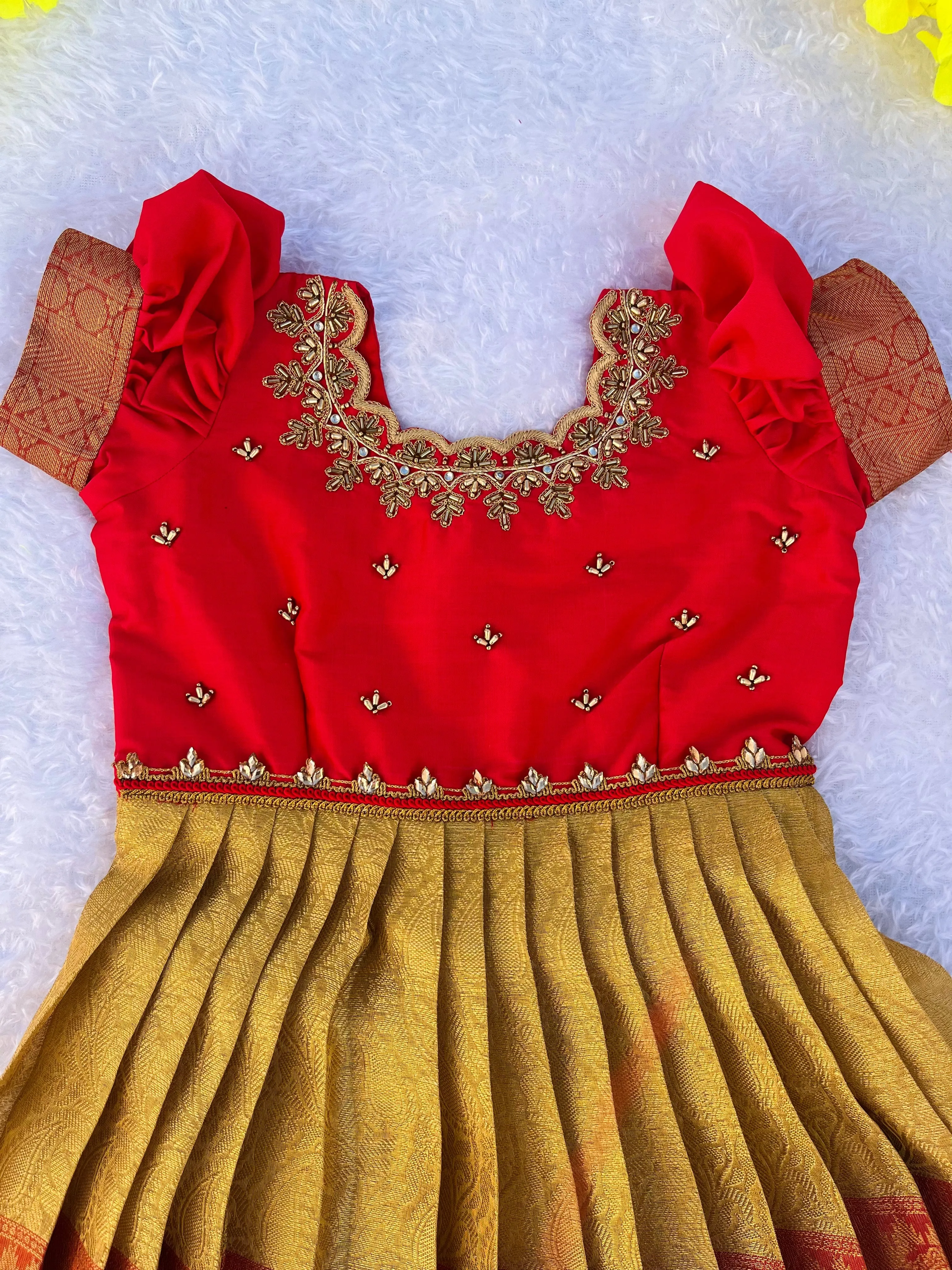 PRE ORDER : Ceremonial Charm: Kids’ Red Frock with Golden Detailing