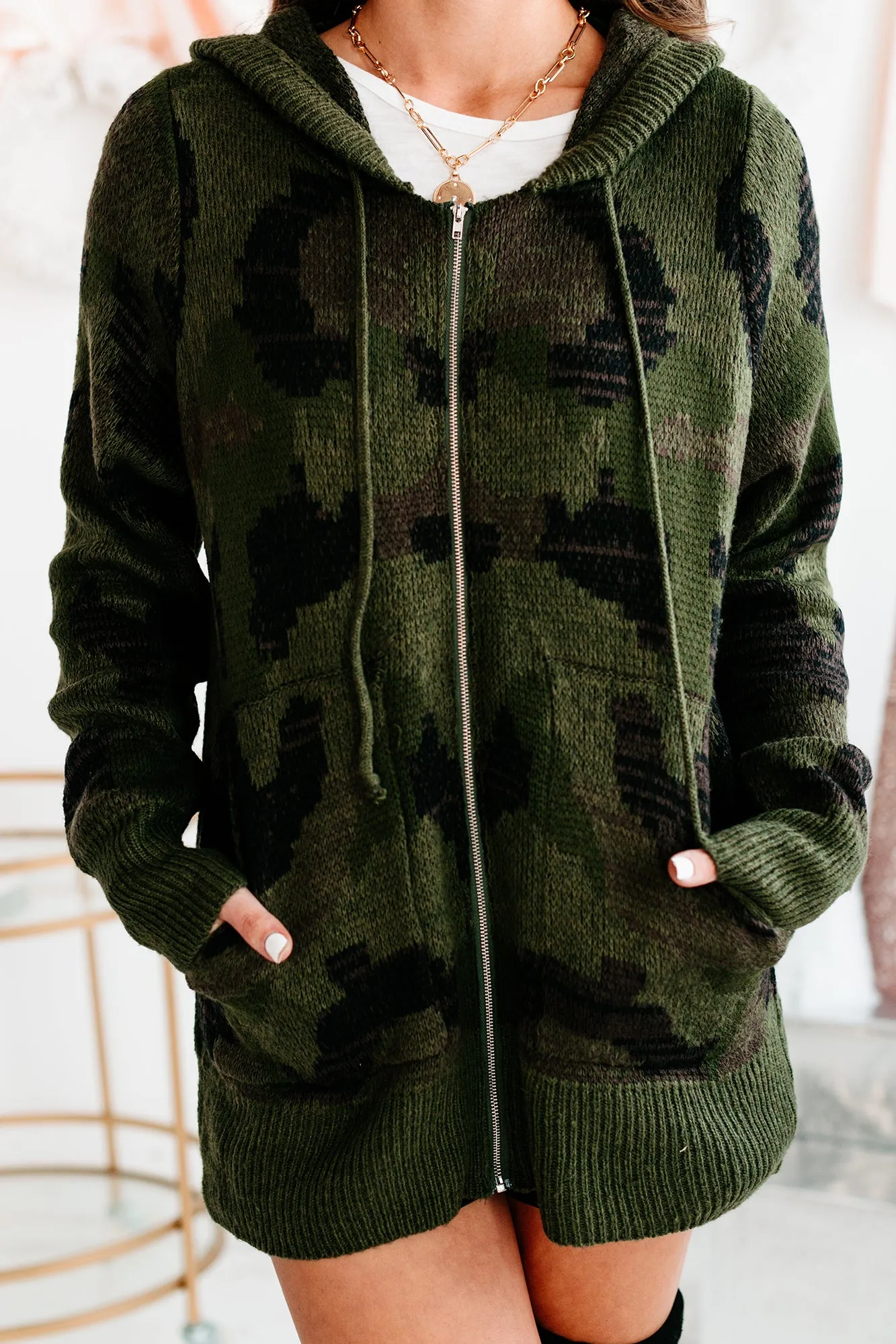 "Coming Up Camo" Camo Knit Zip-Up Hoodie (Army Green)