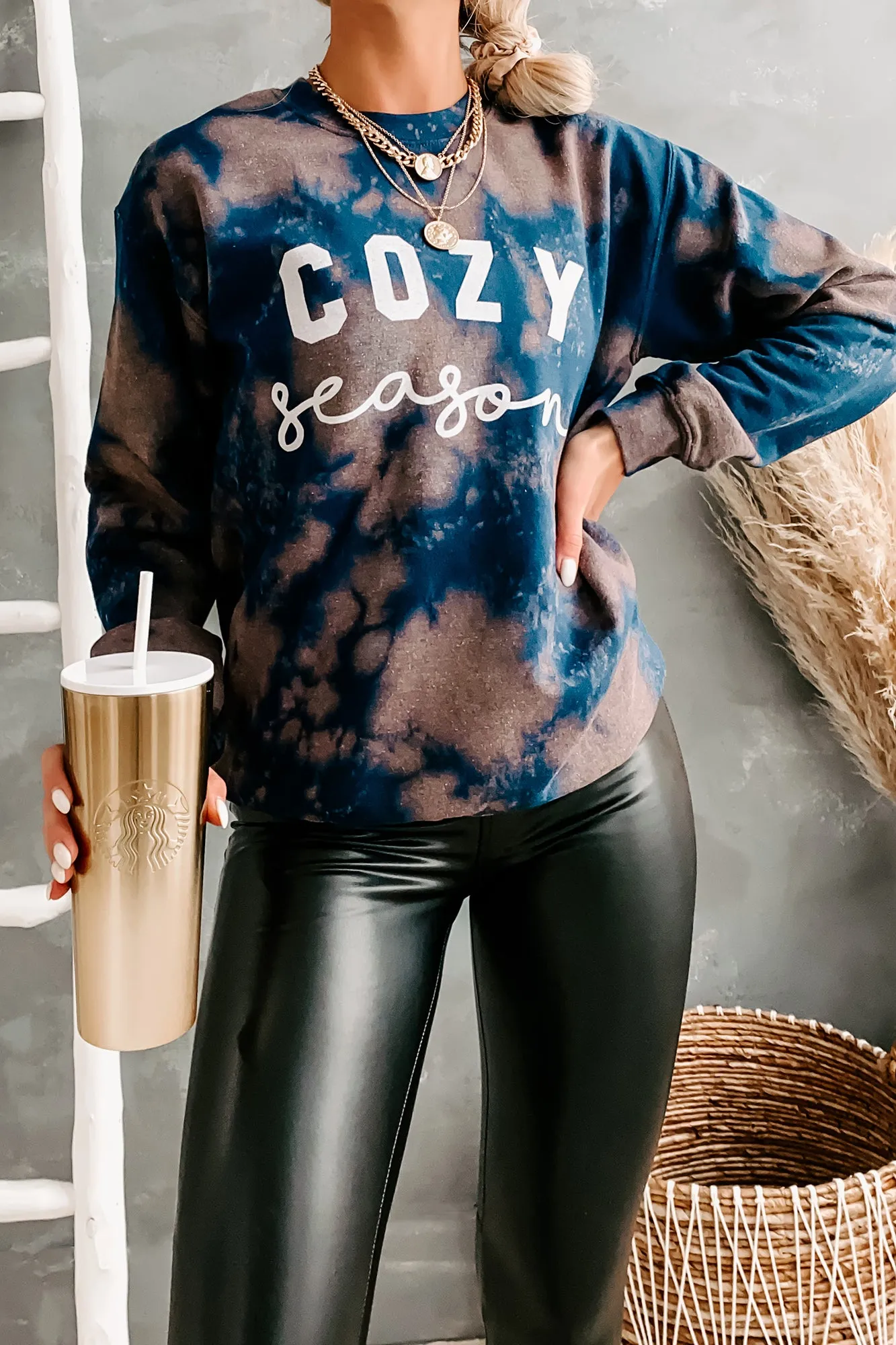 "Cozy Season" Bleached Graphic Sweatshirt (Navy Bleach Splash)