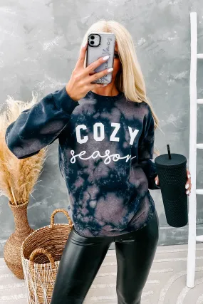 "Cozy Season" Bleached Graphic Sweatshirt (Navy Bleach Splash)