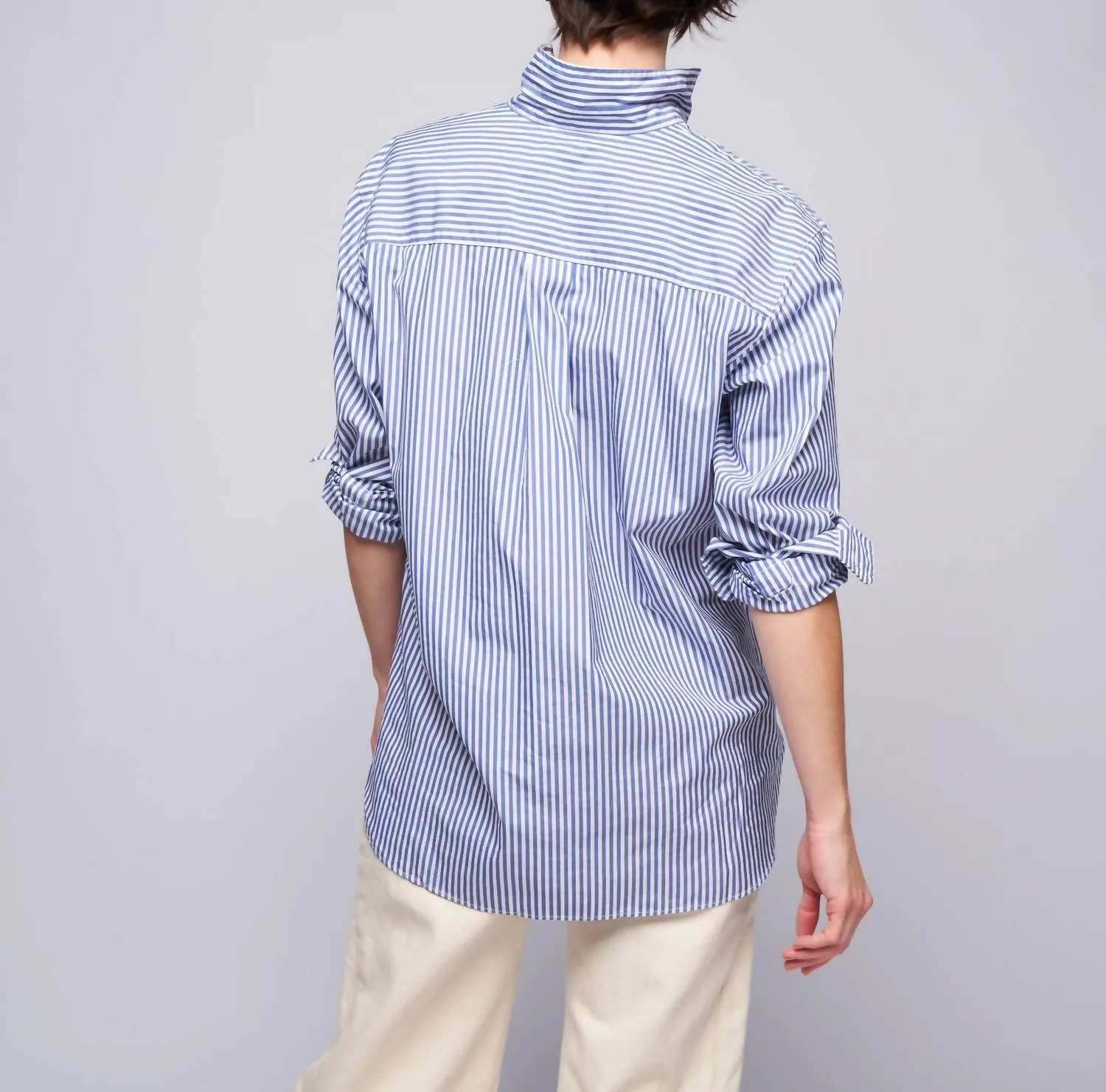 "Joedy" Woven Button Up in Blue, White Stripe