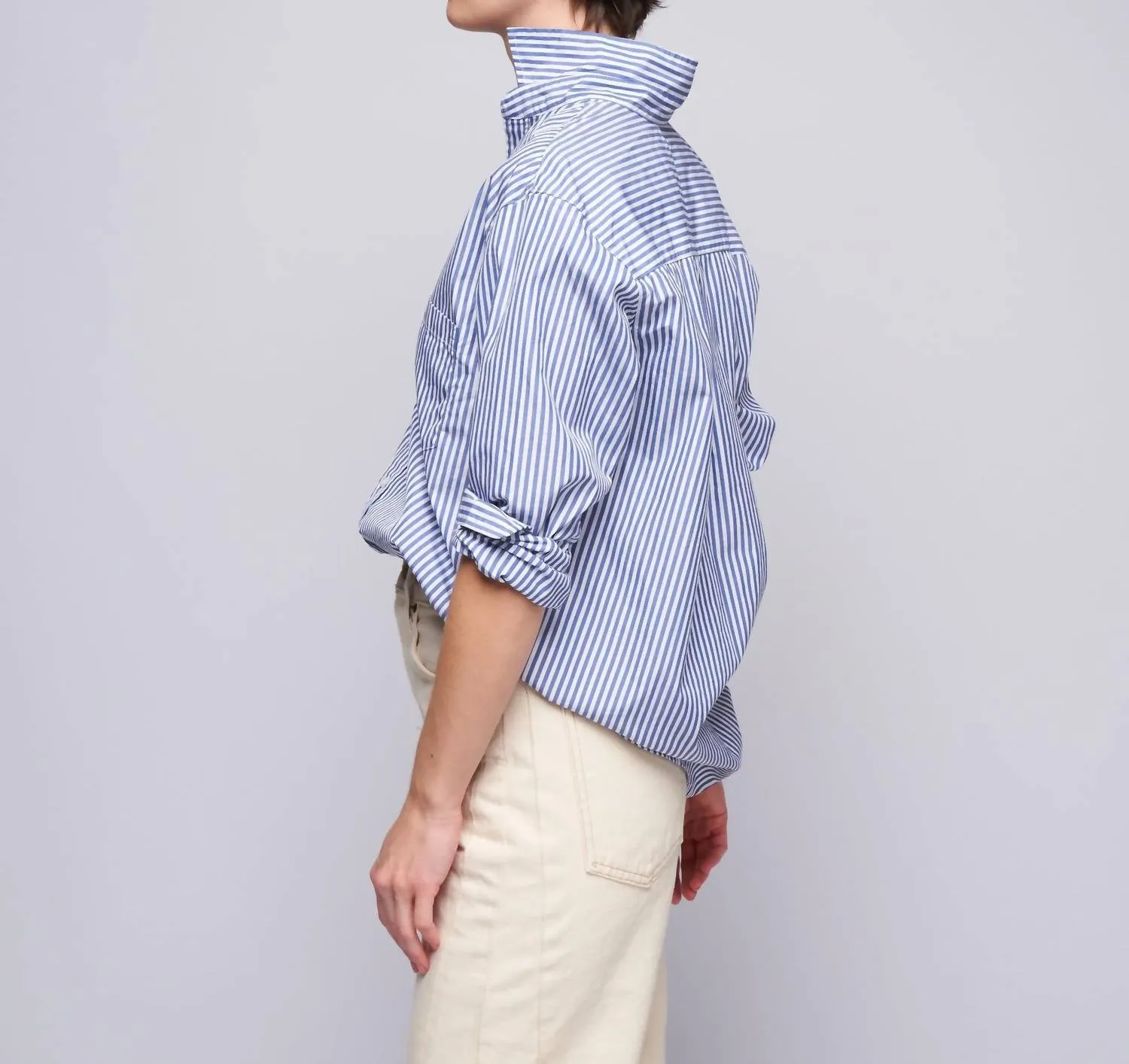 "Joedy" Woven Button Up in Blue, White Stripe