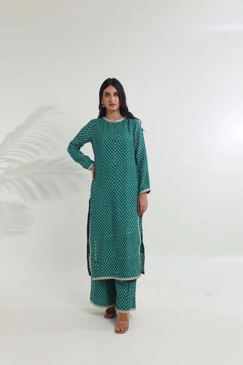 Rama green bandhej handblock straight muslin set