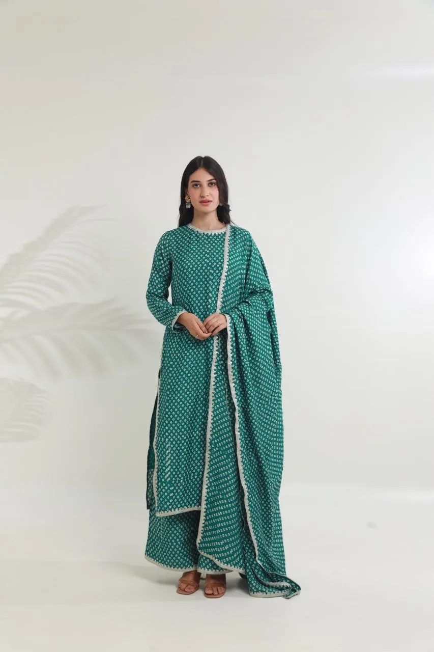 Rama green bandhej handblock straight muslin set