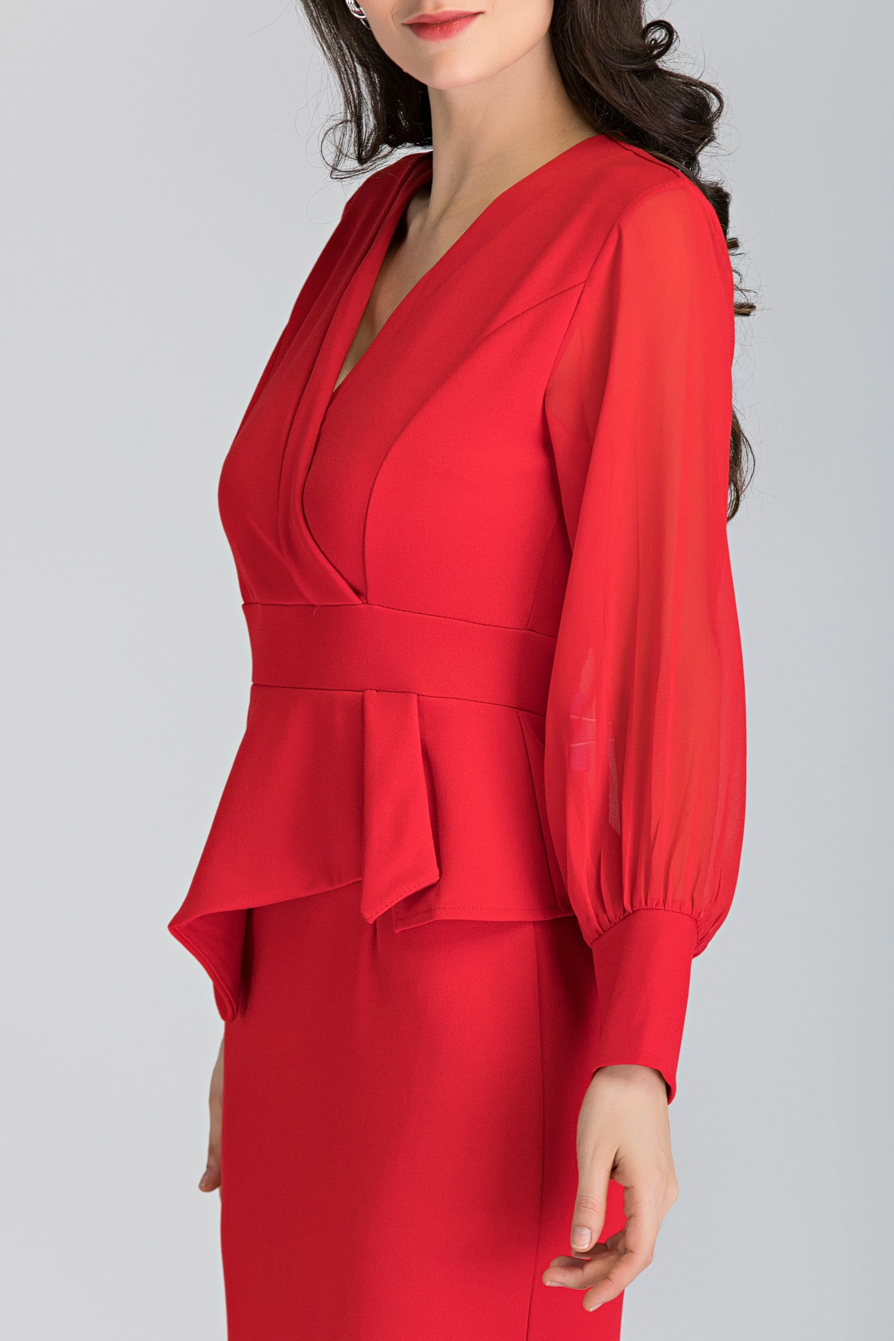 Red Sheer Sleeved Wrap Peplum Maxi Dress