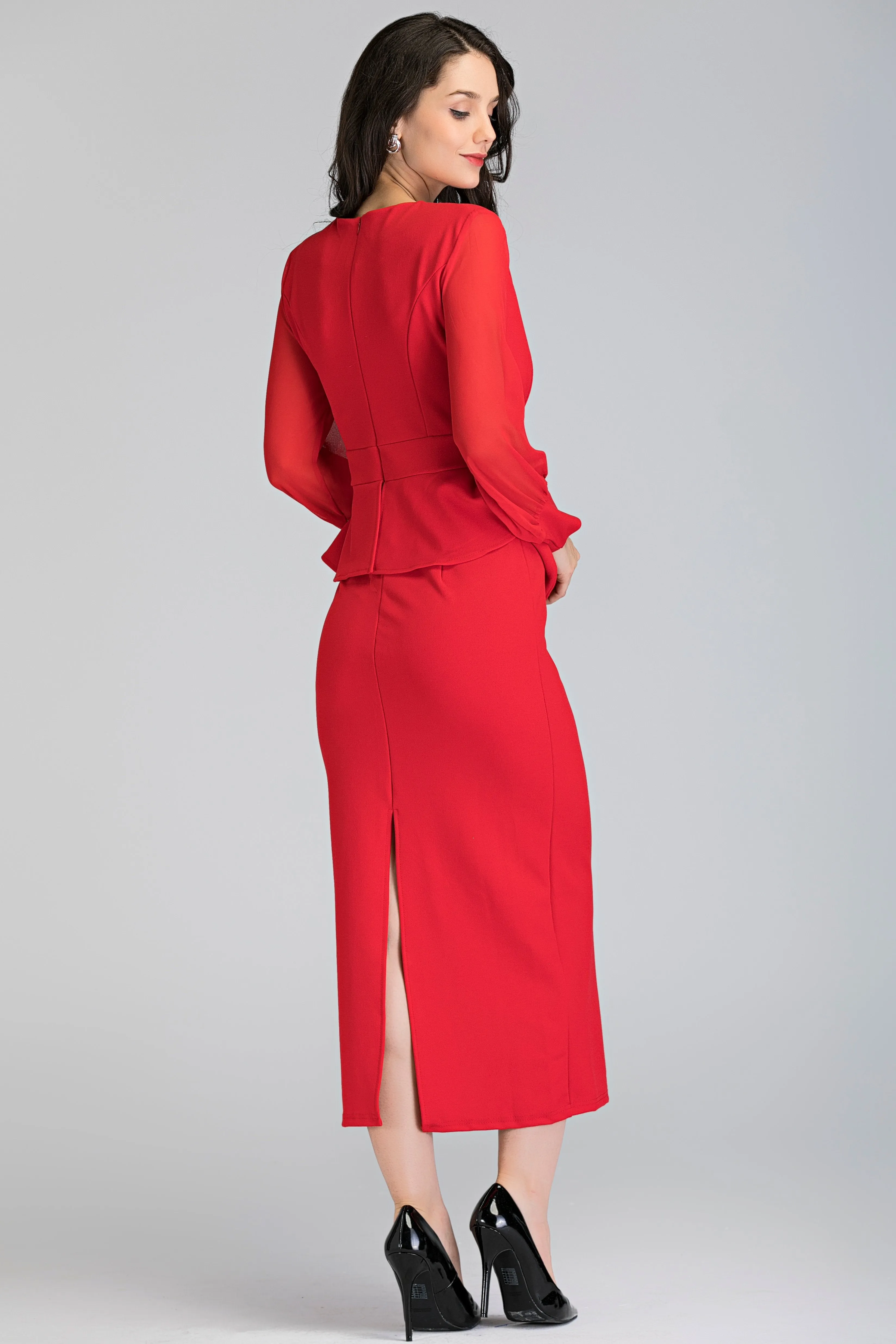 Red Sheer Sleeved Wrap Peplum Maxi Dress