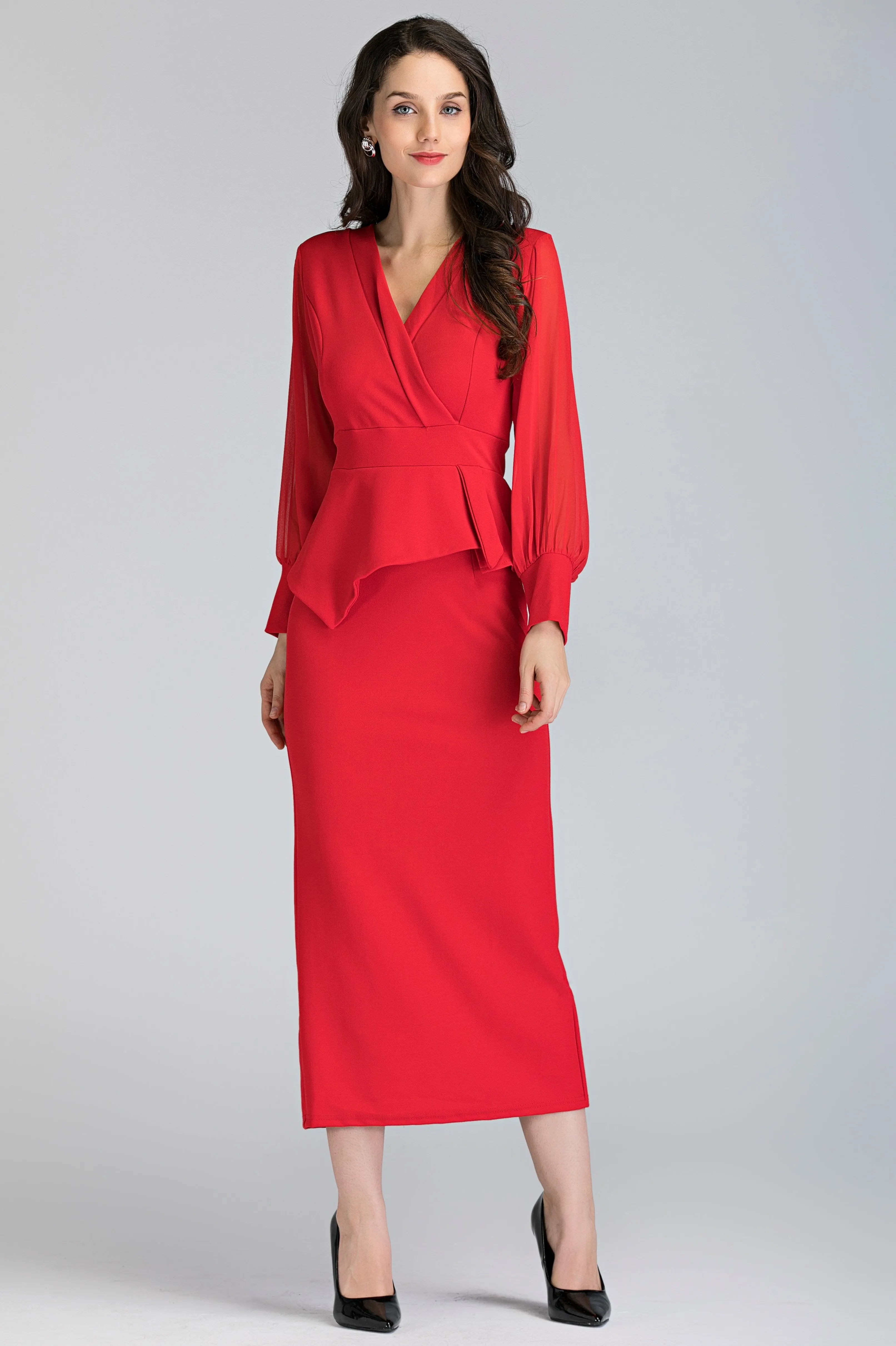 Red Sheer Sleeved Wrap Peplum Maxi Dress