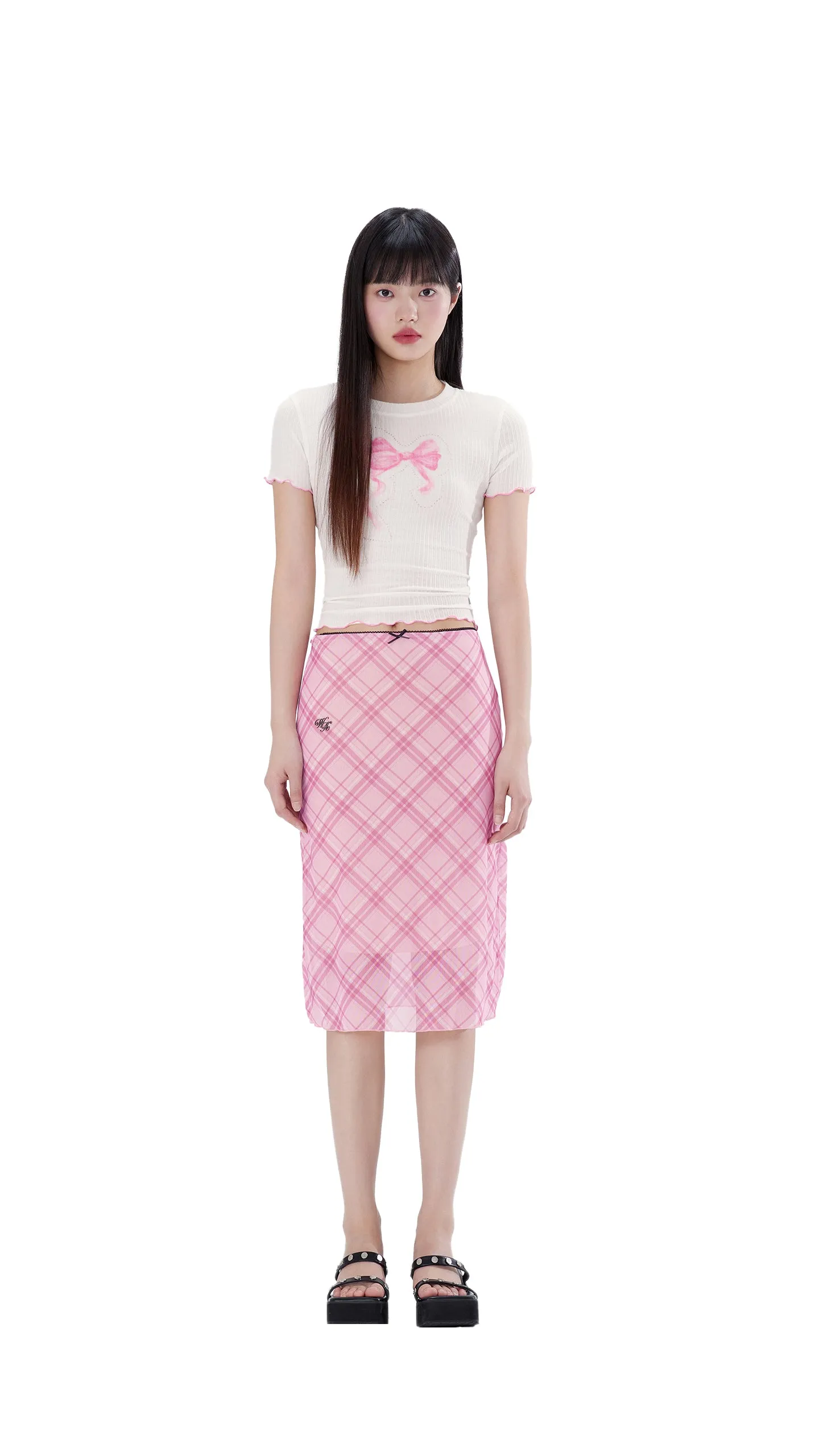 Retro Printed Mesh Mid-length Skirt