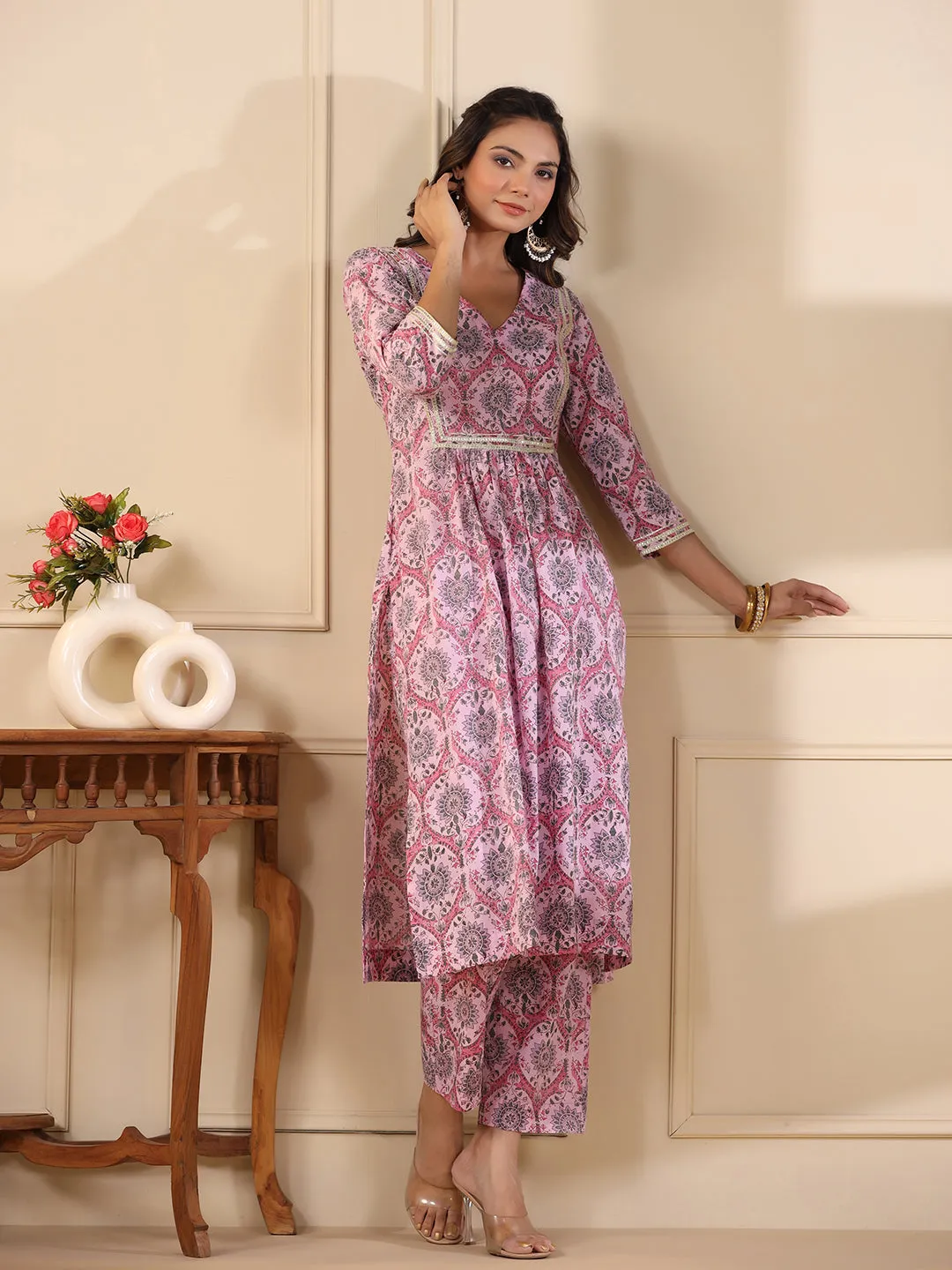 Sadabahaar Pink Jaal Handblock Printed Cotton Kurta Pant Set