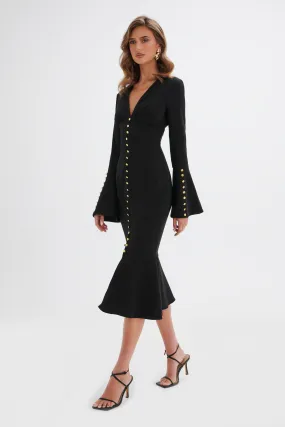 SALMA Fluted Sleeve Rose Button Midi Dress in Black