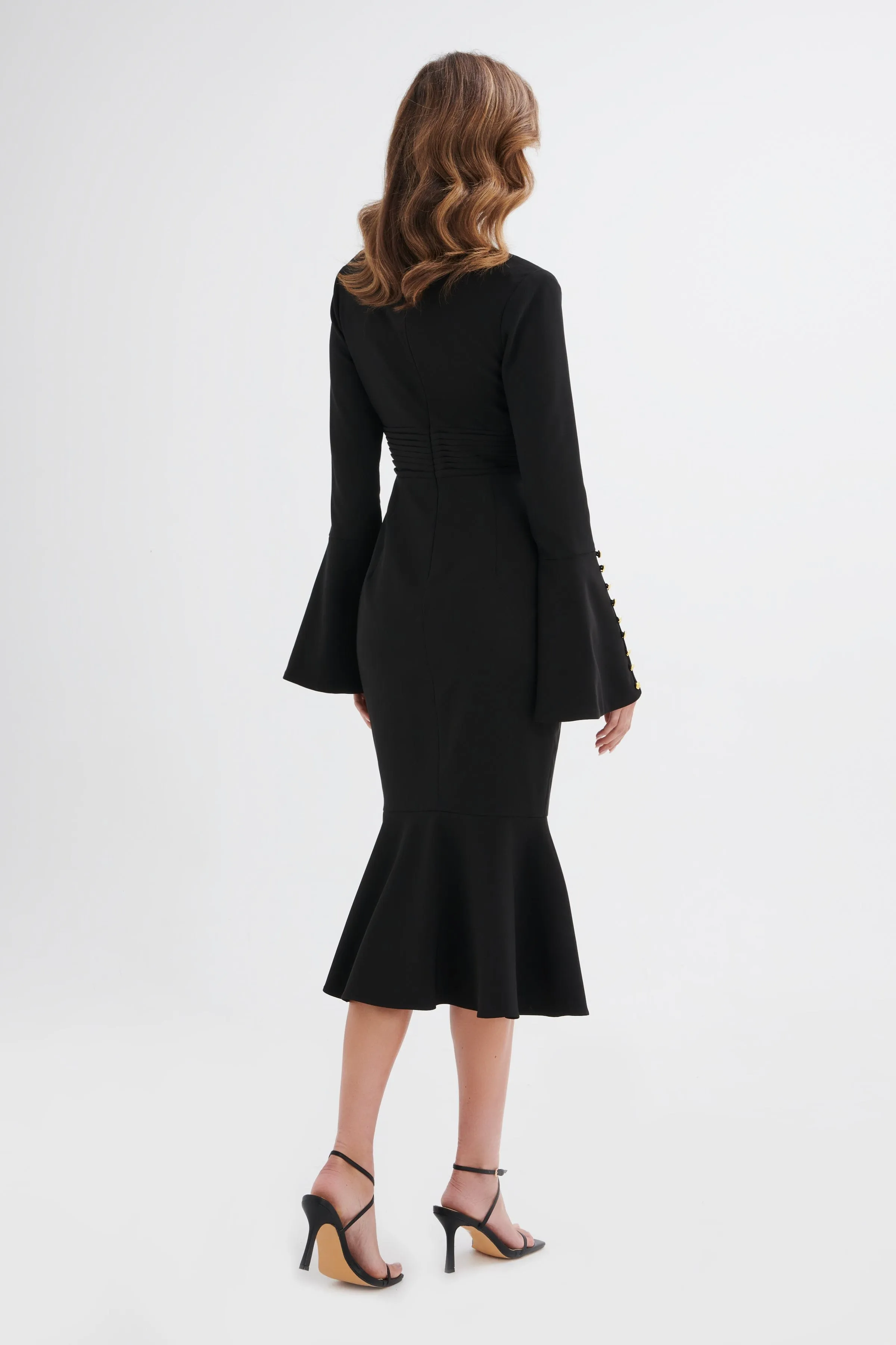 SALMA Fluted Sleeve Rose Button Midi Dress in Black