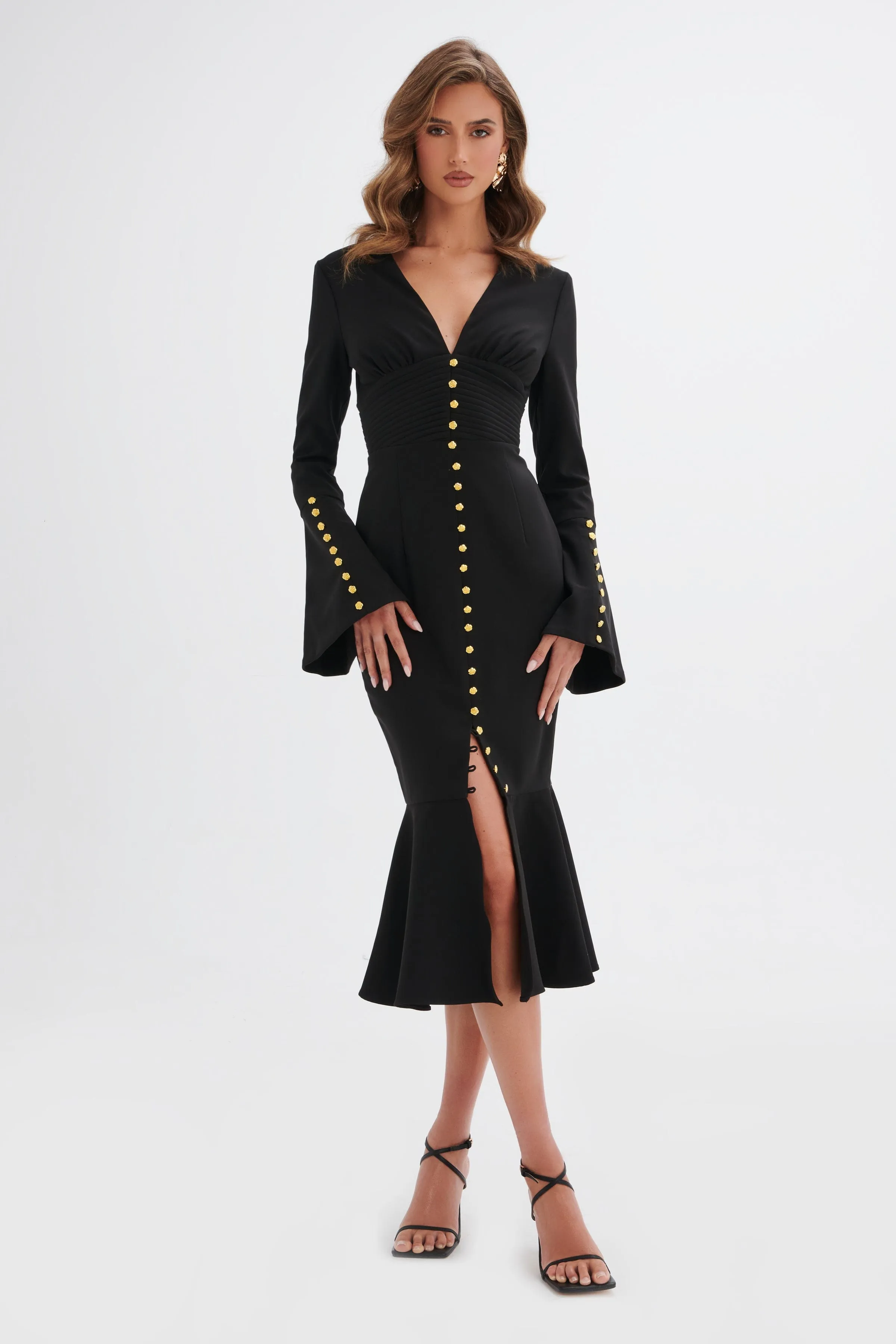 SALMA Fluted Sleeve Rose Button Midi Dress in Black