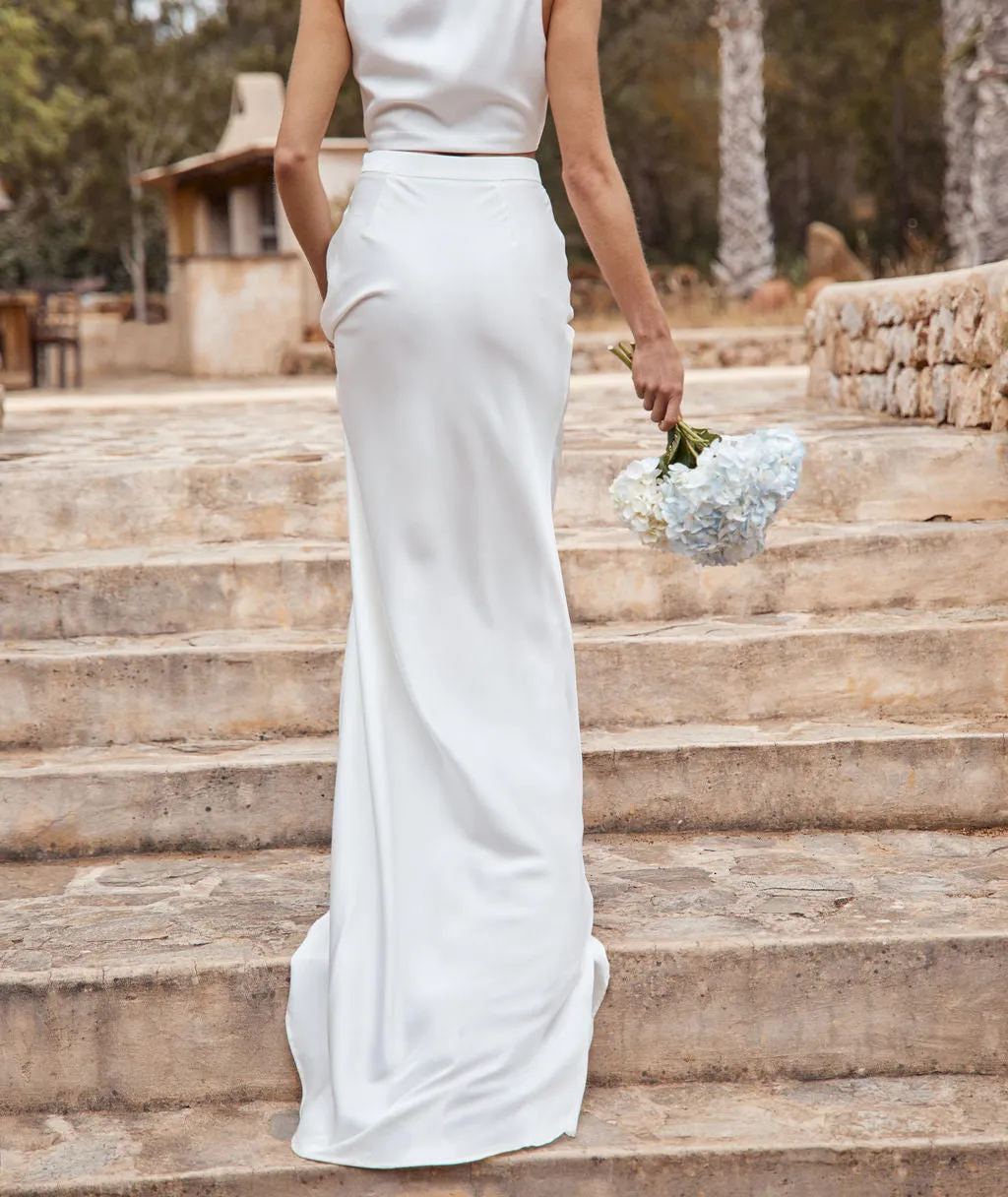 Satin Maxi Skirt With Train - White