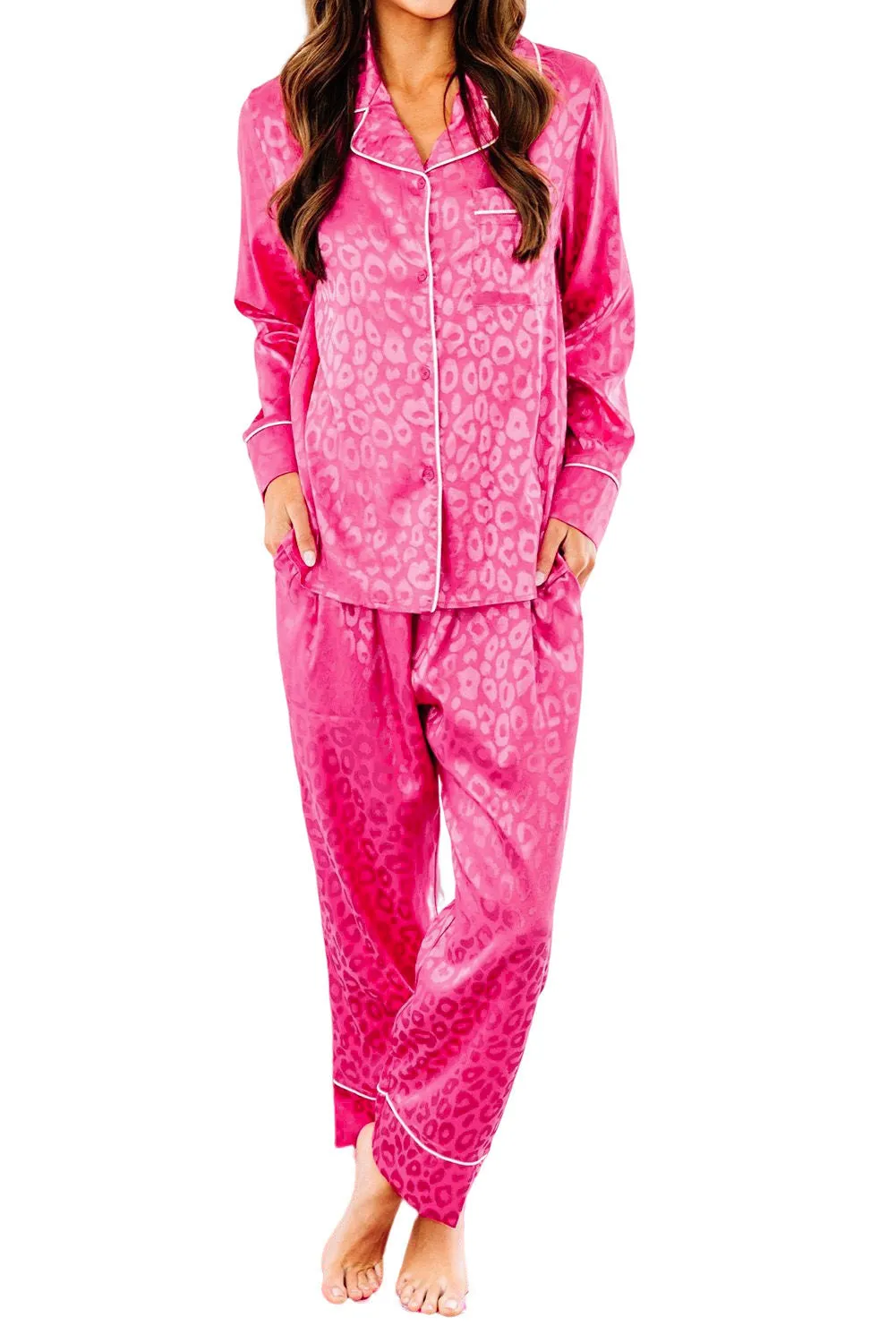 Satin Pajama Set Women Leopard Long Sleeve Sleepwear