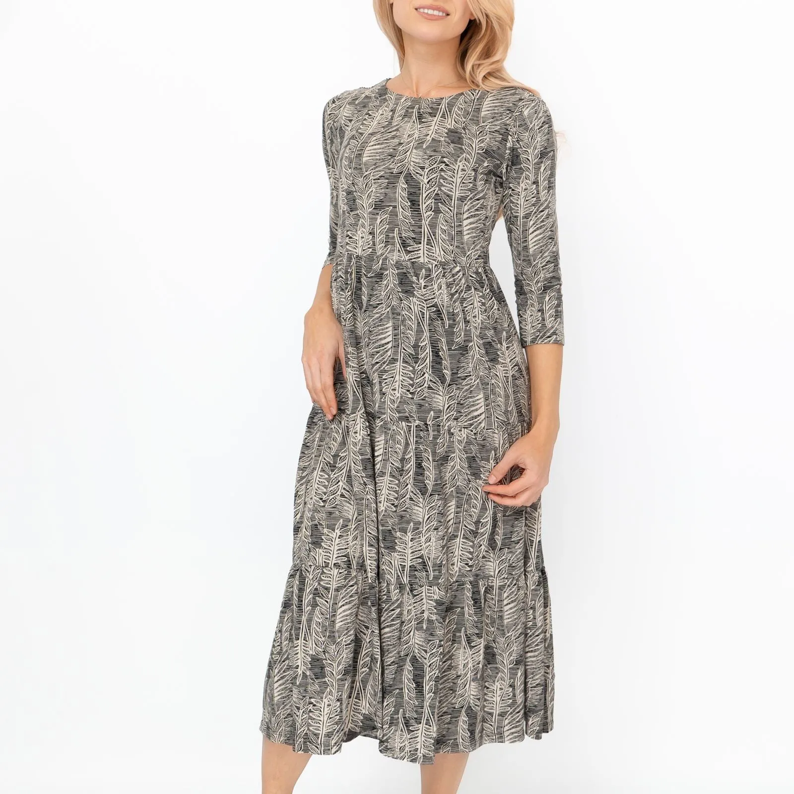 Seasalt Beige & Black Leaves Cotton Line Strokes Midi Dress