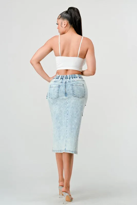 Side Stepper- High Side Split Denim Cargo Skirt