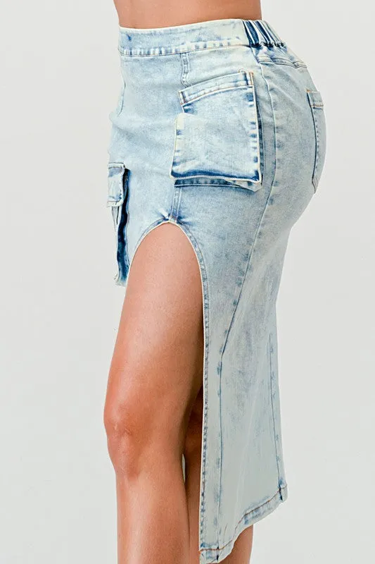 Side Stepper- High Side Split Denim Cargo Skirt