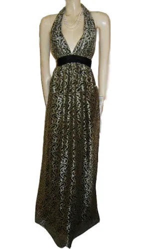 *SOPHISTICATED KAY UNGER GOLD & BLACK LACE SILK HALTER EVENING GOWN - LARGER SIZE