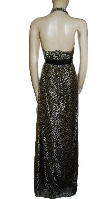 *SOPHISTICATED KAY UNGER GOLD & BLACK LACE SILK HALTER EVENING GOWN - LARGER SIZE