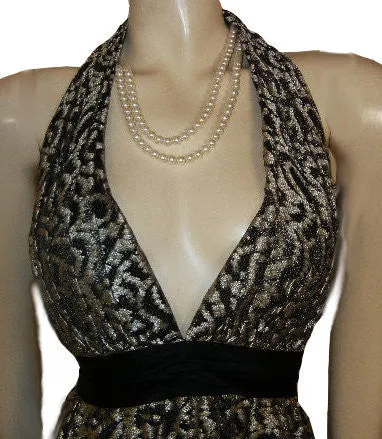 *SOPHISTICATED KAY UNGER GOLD & BLACK LACE SILK HALTER EVENING GOWN - LARGER SIZE