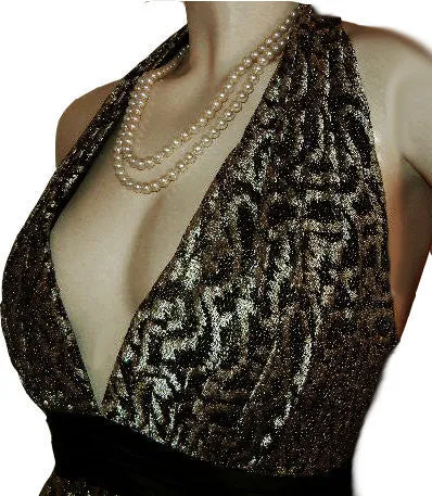 *SOPHISTICATED KAY UNGER GOLD & BLACK LACE SILK HALTER EVENING GOWN - LARGER SIZE