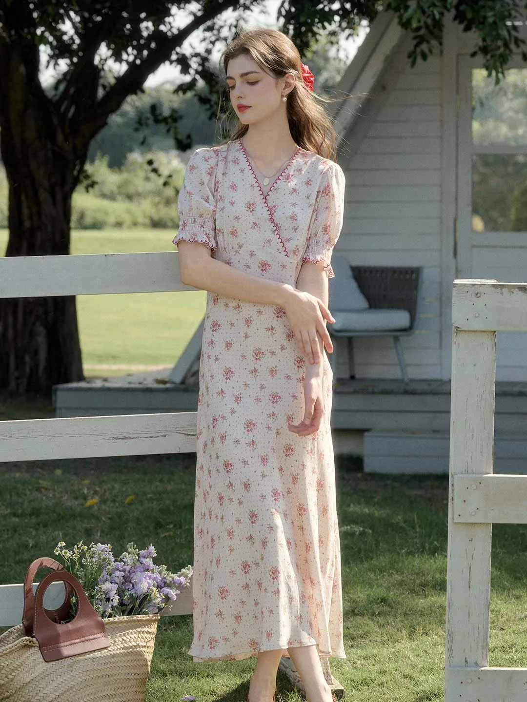 Thea Rose Polka Dot Floral V-neck Puff Sleeve Dress