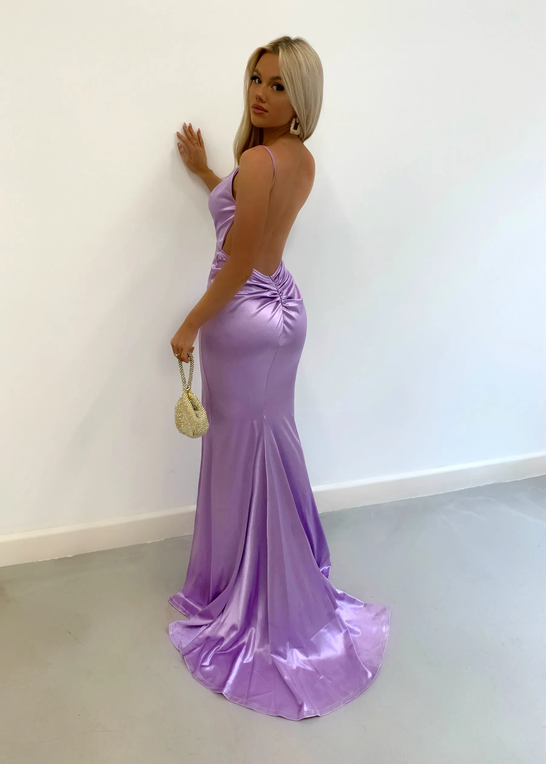 Touch of Glamour Satin Gown with Side Slit - Lilac