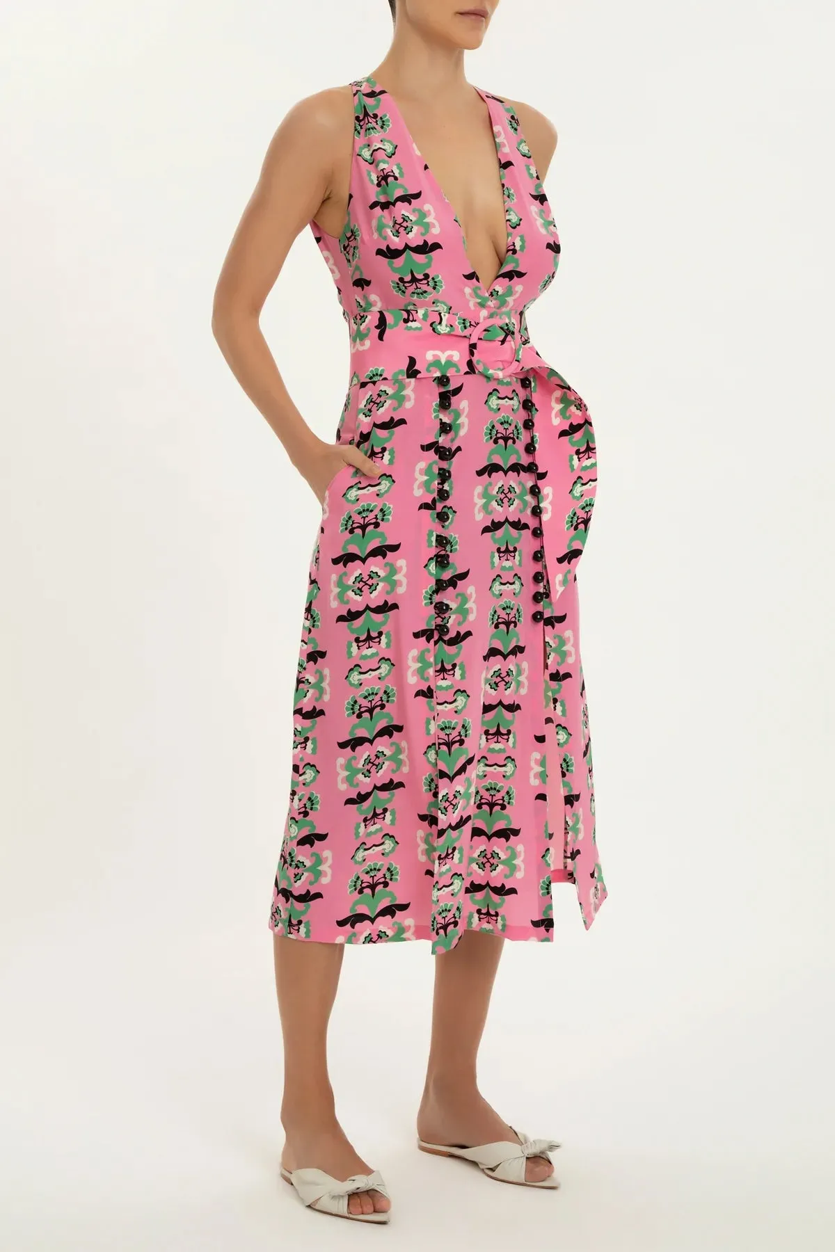 Twisted Flower V-Neck Midi Dress