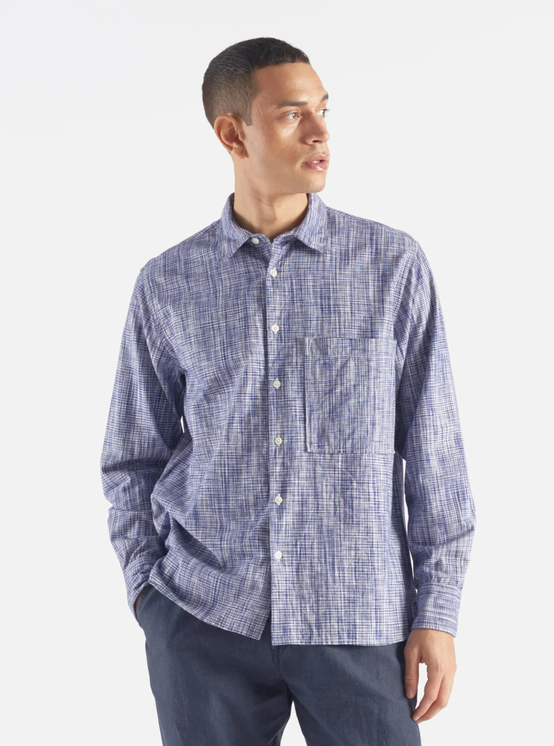 Universal Works Navy Blue Ocean Ikat Square Pocket Shirt