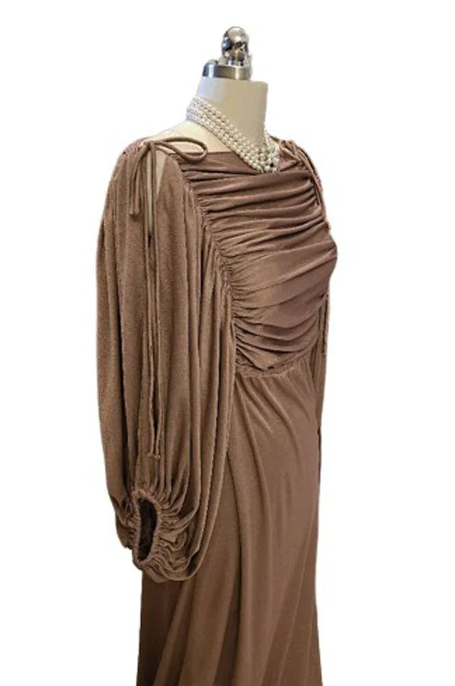 VINTAGE 1960s / 1970s SILKY FLUID DRAPED EVENING GOWN ADORNED WITH HUGE BILLOWING SLEEVES