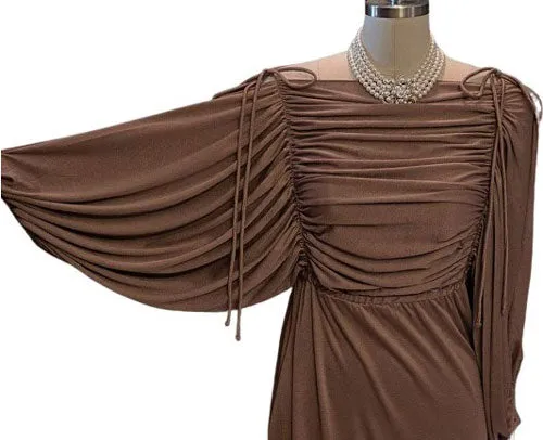 VINTAGE 1960s / 1970s SILKY FLUID DRAPED EVENING GOWN ADORNED WITH HUGE BILLOWING SLEEVES