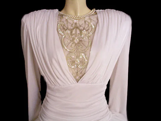 *VINTAGE MICHAEL MARCELLA DRAPED GODDESS WEDDING DRESS / COCKTAIL DRESS ENCRUSTED WITH SPARKLING SEQUINS, PEARLS & GOLD SHOT