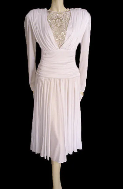 *VINTAGE MICHAEL MARCELLA DRAPED GODDESS WEDDING DRESS / COCKTAIL DRESS ENCRUSTED WITH SPARKLING SEQUINS, PEARLS & GOLD SHOT