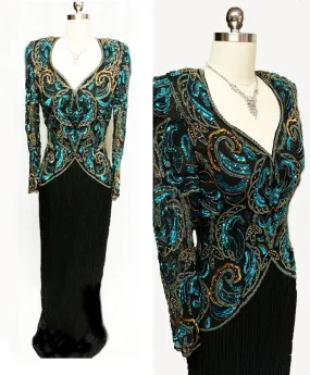 *VINTAGE SCALA BLACK SILK EVENING GOWN ENCRUSTED WITH DEEP SEA BLUE & GOLD SEQUINS & BEADS - PERFECT FOR THE HOLIDAYS OR FORMAL AFFAIR.