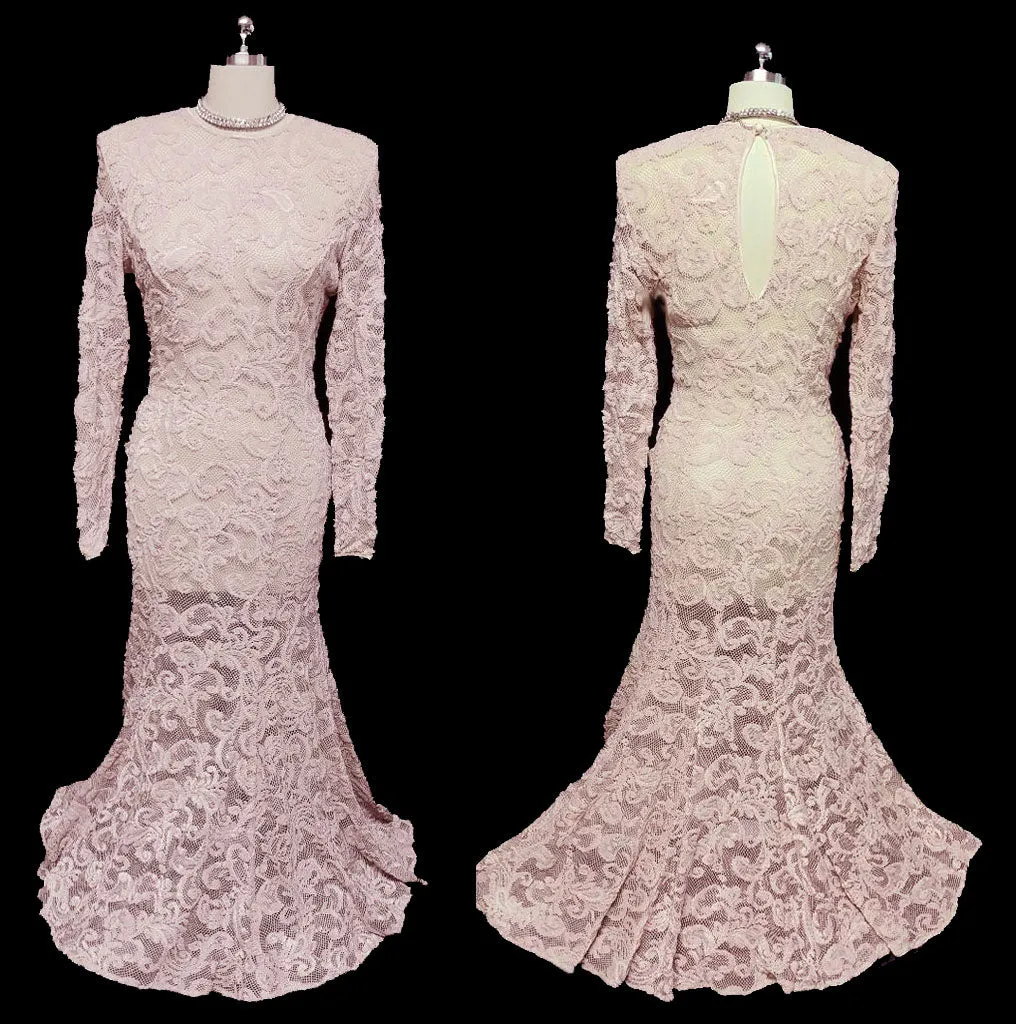 *VINTAGE TITANIC-LOOK CASADEI SPANDEX MAUVE PINK INTRICATE ALL LACE FISHTAIL EVENING GOWN / WEDDING GOWN