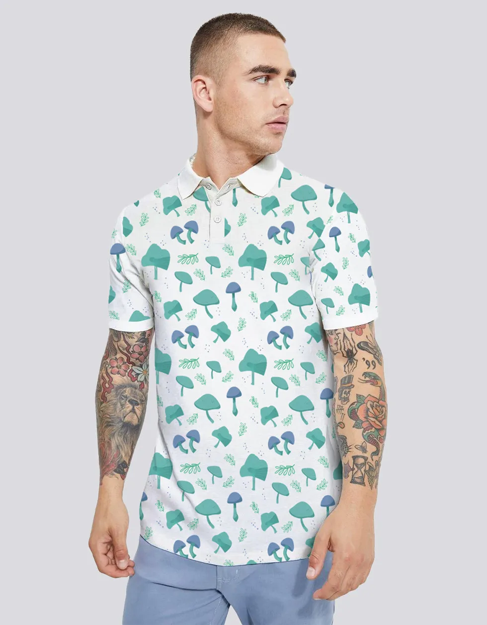 White All Over Floral Printed  Polo T-shirt