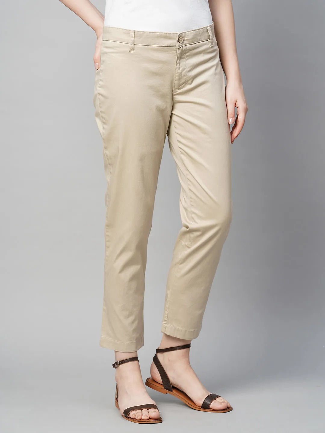 Women's Beige Cotton Elastane Regular Fit Pant