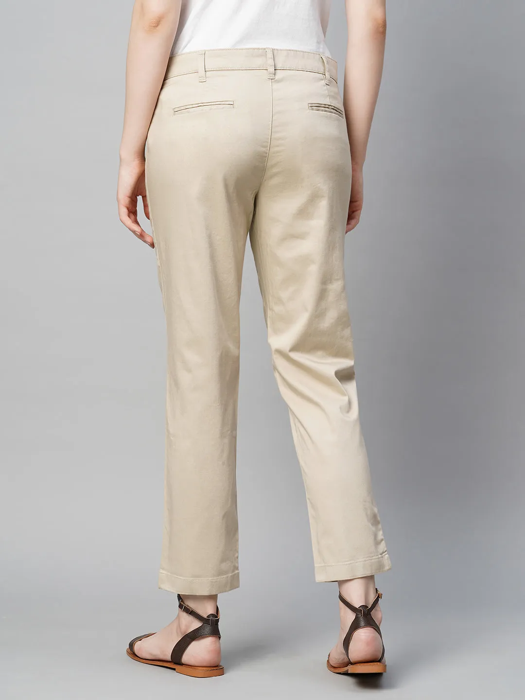 Women's Beige Cotton Elastane Regular Fit Pant