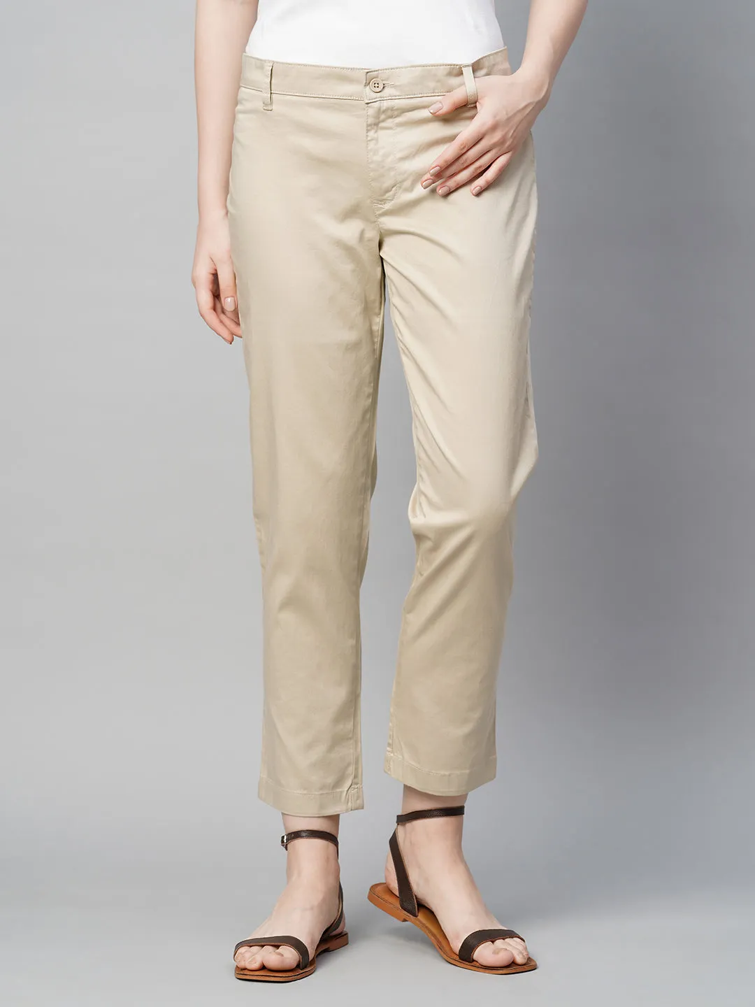 Women's Beige Cotton Elastane Regular Fit Pant