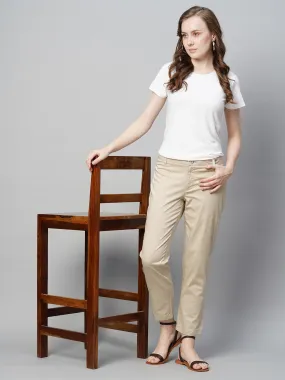 Women's Beige Cotton Elastane Regular Fit Pant