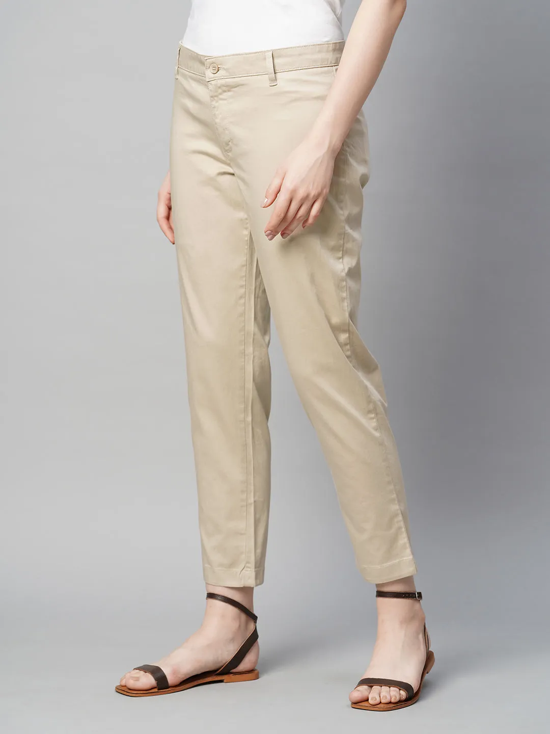 Women's Beige Cotton Elastane Regular Fit Pant